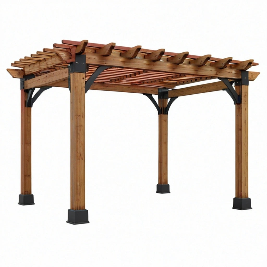 Pergola ogrodowa 300 x 300 x 240 cm drewniana brązowo-czarna z ażurowym dachem