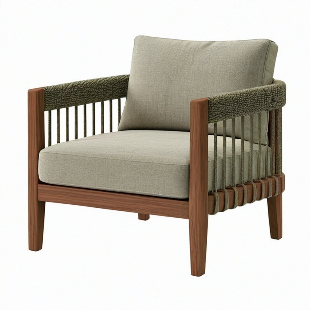Fotel 78 x 82 x 82 cm drewniany oliwkowo-beżowy do salonu - plecione boki