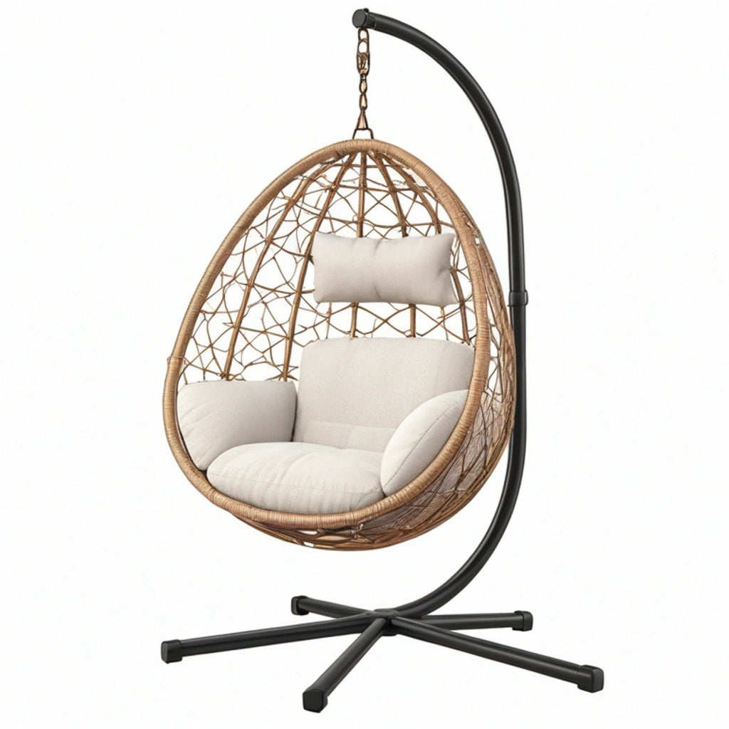 Fotel wiszący 105 x 105 x 195 cm z rattanu i metalu beżowo-czarny boho ze stojakiem