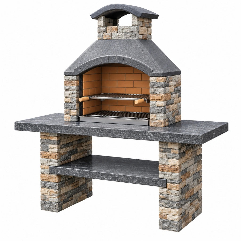 Grill ogrodowy 160 x 70 x 210 cm z kamienia szary beżowy z rusztem w stylu rustykalnym