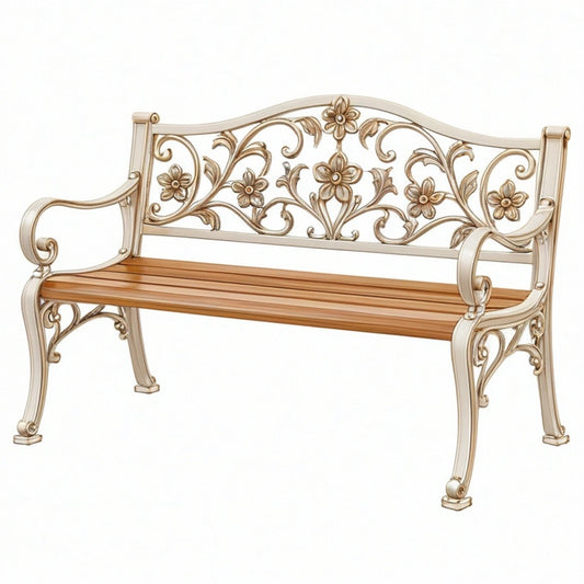 Ławka ogrodowa 120 x 60 x 90 cm metal i drewno kremowo brązowa klasyczna