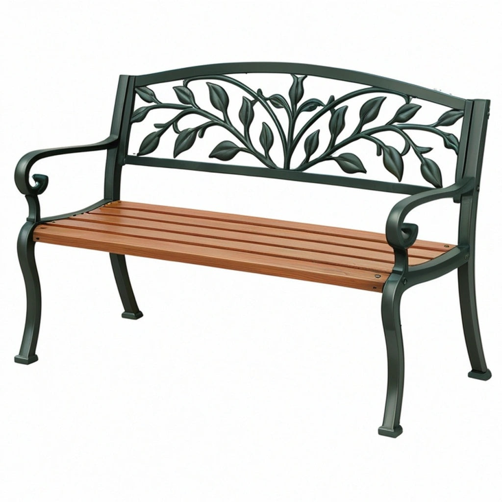 Ławka ogrodowa 122 x 62 x 88 cm z metalu i drewna zielona brązowa w stylu klasycznym