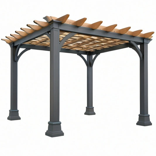 Pergola ogrodowa 300 x 300 cm ze stali i drewna grafitowa brązowa z ażurowym dachem