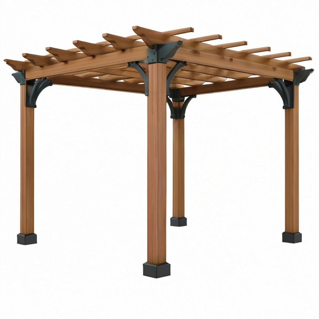 Pergola ogrodowa 300 x 300 x 230 cm z drewna brązowa z metalowymi wspornikami - ażurowe zadaszenie tarasowe
