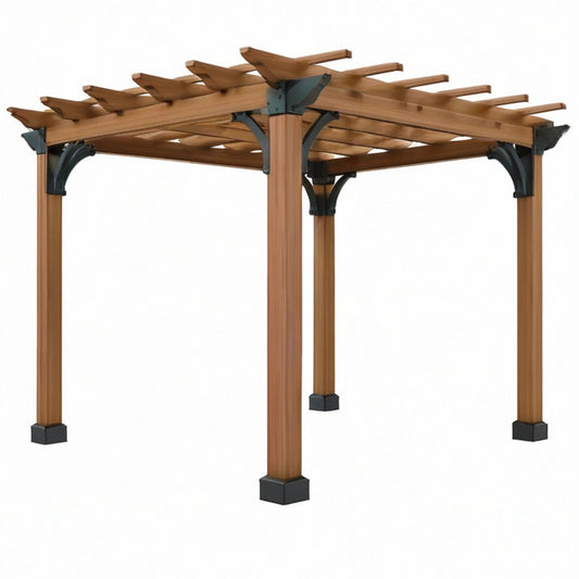 Pergola ogrodowa 300 x 300 x 230 cm z drewna brązowa z metalowymi wspornikami - ażurowe zadaszenie tarasowe