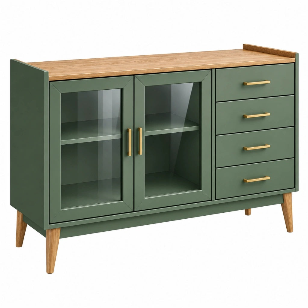 Komoda 140 cm zielona z drewnianym blatem i przeszkleniem w stylu retro
