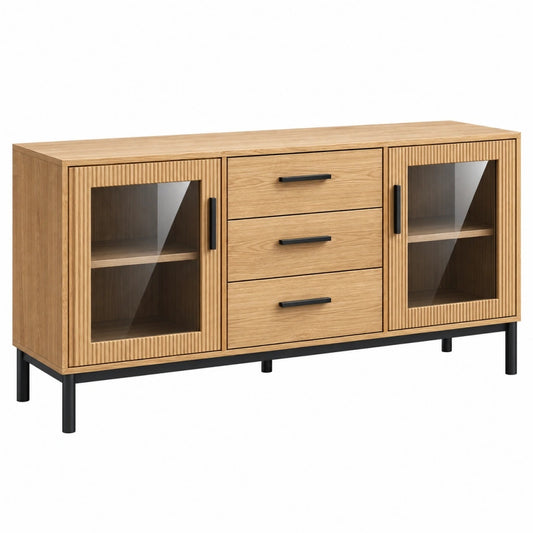 Komoda 160 x 40 x 85 cm w kolorze naturalnego dębu z przeszkleniami i szufladami w stylu loftowym