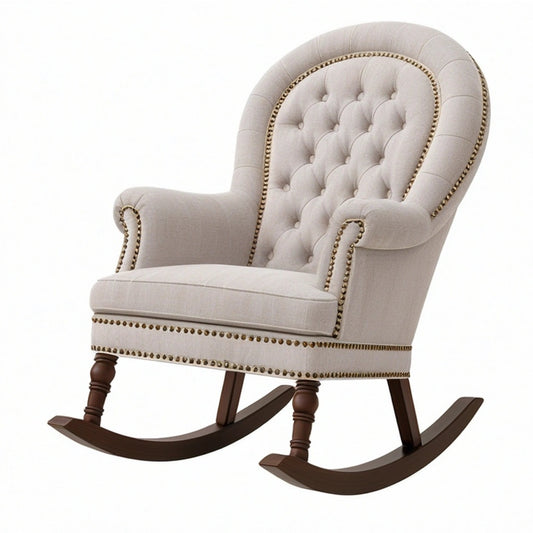Fotel bujany 85 x 90 x 110 cm tapicerowany beżowy z drewnianymi płozami w stylu klasycznym