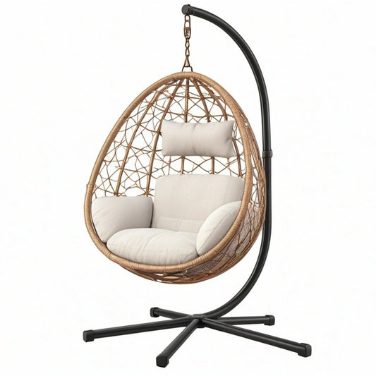 Fotel wiszący 105 x 105 x 195 cm z rattanu i metalu beżowo-czarny boho ze stojakiem