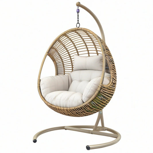 Fotel wiszący ogrodowy 105 x 95 x 195 cm rattanowy beżowy ze stalowym stelażem