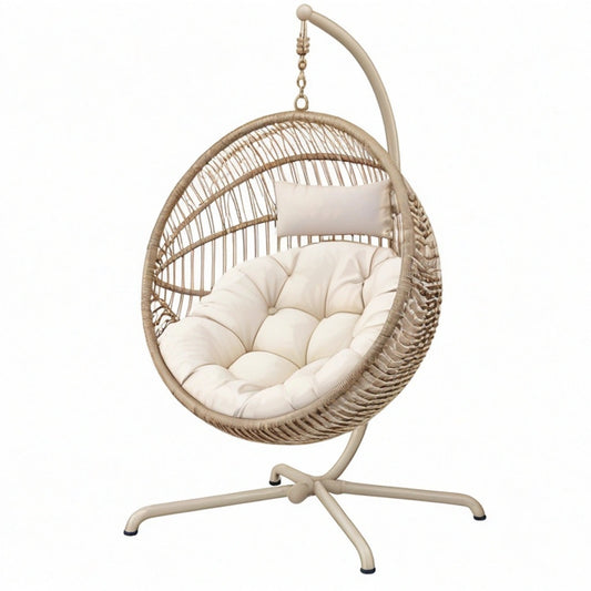 Fotel wiszący 105 x 105 x 195 cm - beżowy metalowy z plecionym siedziskiem do wypoczynku
