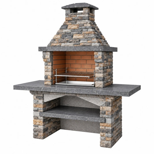 Grill ogrodowy murowany 180 x 80 x 230 cm kamienny szary brązowy rustykalny z rusztem